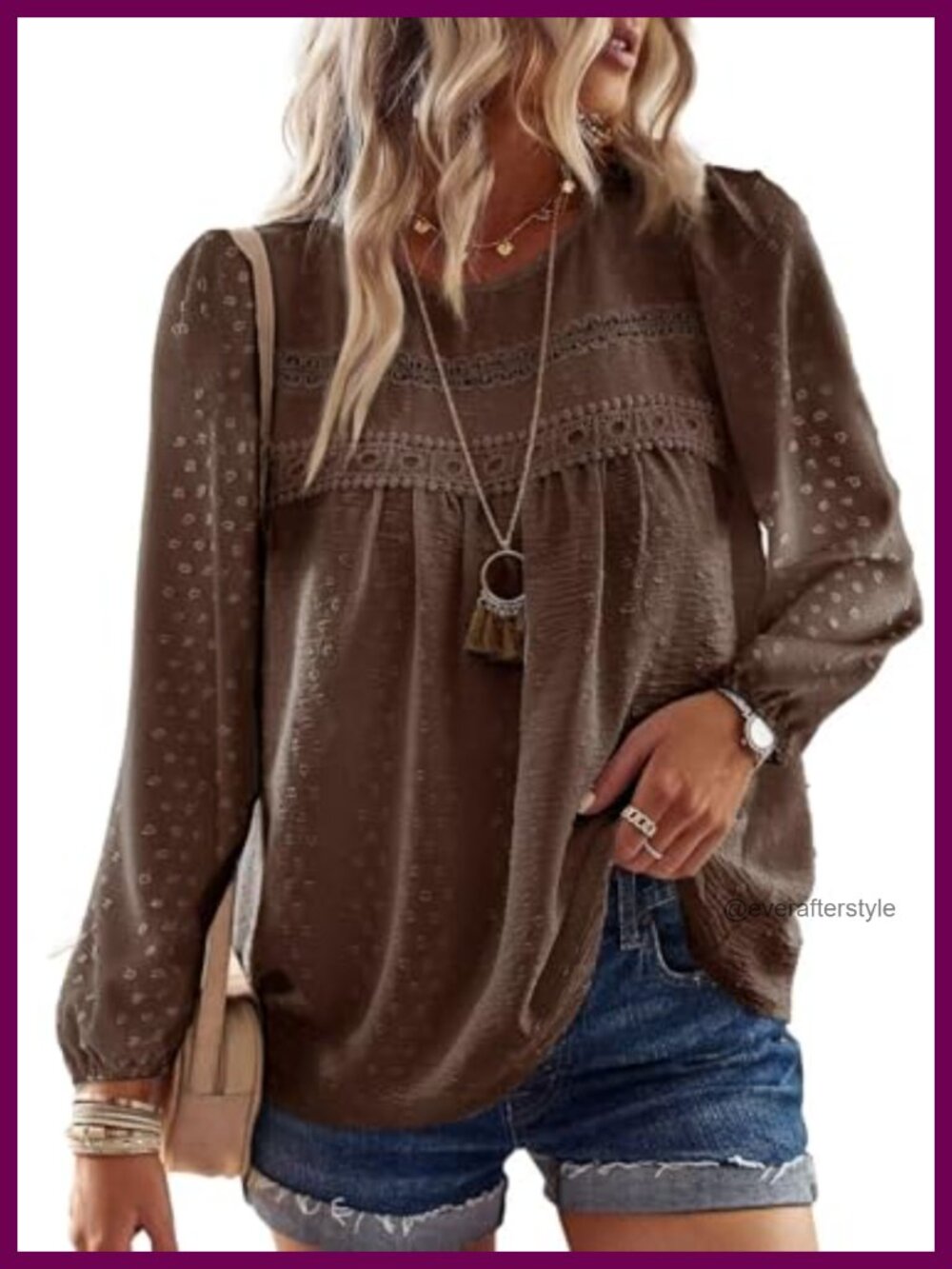 Womens Crochet Lace Boho Peasant Top Long Sleeve Blouse